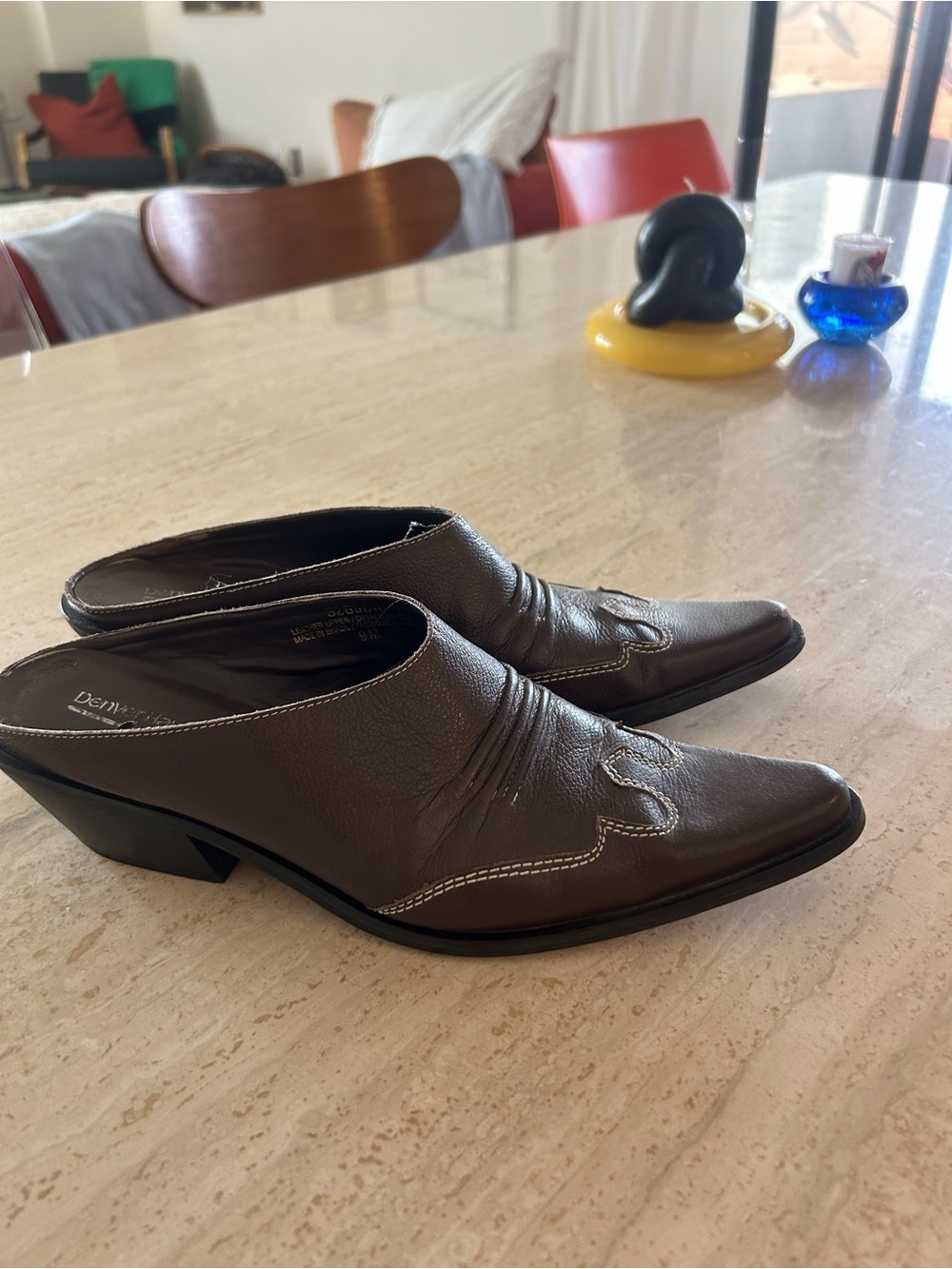 Denver Hayes Brown Leather Mule Heels with White Contrast Stitching